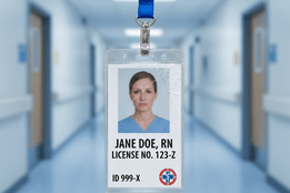 A close-up of a blurred, cracked ID badge for "Jane Doe, RN" with "License No 123-Z" and "ID 999-X," hanging in a hospital corridor, symbolizing falsified credentials.