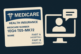 Illustration of a Medicare health insurance card next to a beige telehealth icon on a dark blue textured background