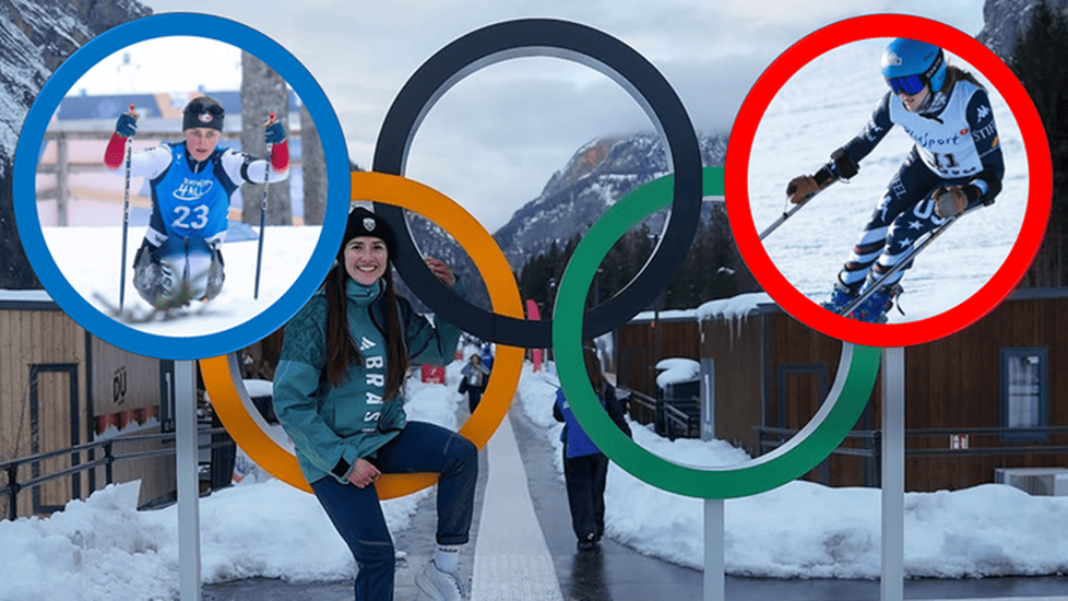 Olympic winter sports athletes pose with Olympic rings in a snowy mountain setting, alongside inset images of para Nordic and alpine skiing events.