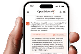 A smartphone displaying the OpenEvidence app interface. The screen shows a medical evidence summary comparing tirzepatide and semaglutide for weight loss, including a short description and a chart.