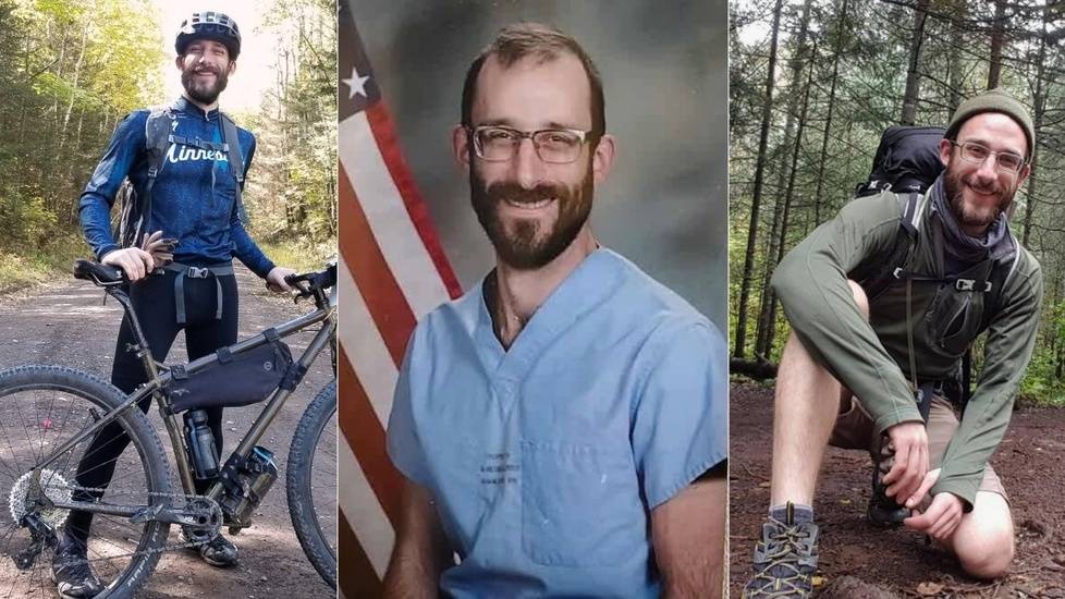 Three-photo collage of VA ICU nurse Alex Pretti: biking on trail, smiling in blue VA scrubs with flag, kneeling outdoors with backpack.