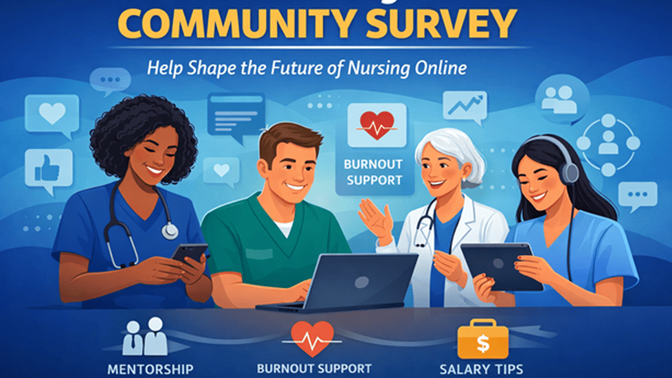 Illustration of diverse nurses using laptops and tablets, representing an online nursing community focused on mentorship, burnout support, and career resources.