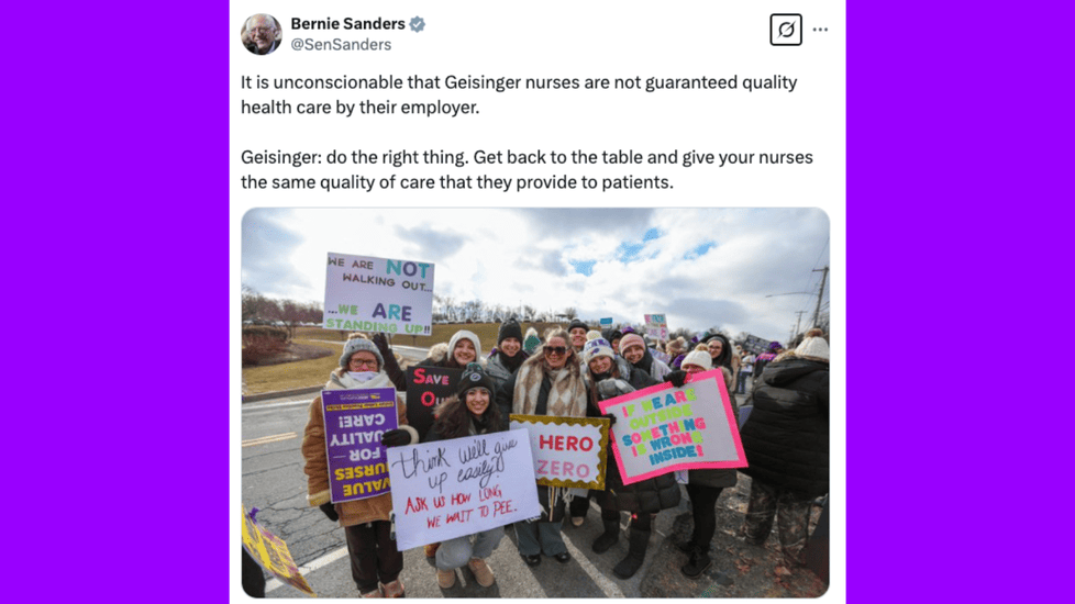 “Unconscionable” Bernie Sanders Rips Geisinger Over Nurse Health Benefits in Viral Tweet