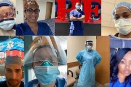 Collage of nurses wearing ppe working in new york