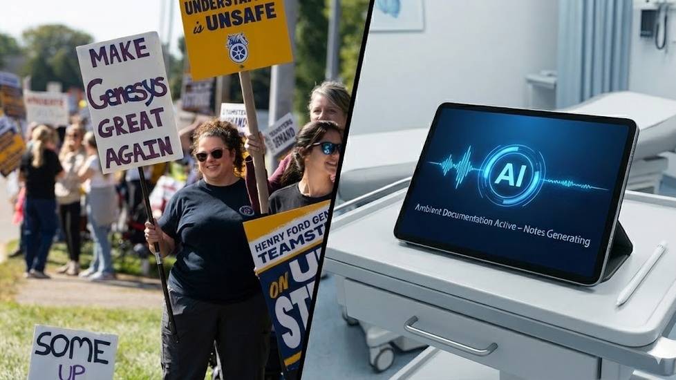 Split-screen image: Left side shows striking nurses holding picket signs. Right side shows a medical tablet displaying an AI documentation interface.