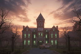 Haunted hospital exterior with a full moon, fog, and a rusty ambulance.