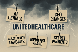 Illustration showing storm clouds and lightning above "UnitedHealthcare," surrounded by "AI Denials," "CEO Changes," "Class-Action Lawsuits," "Secret Payments," "Medicare Fraud"