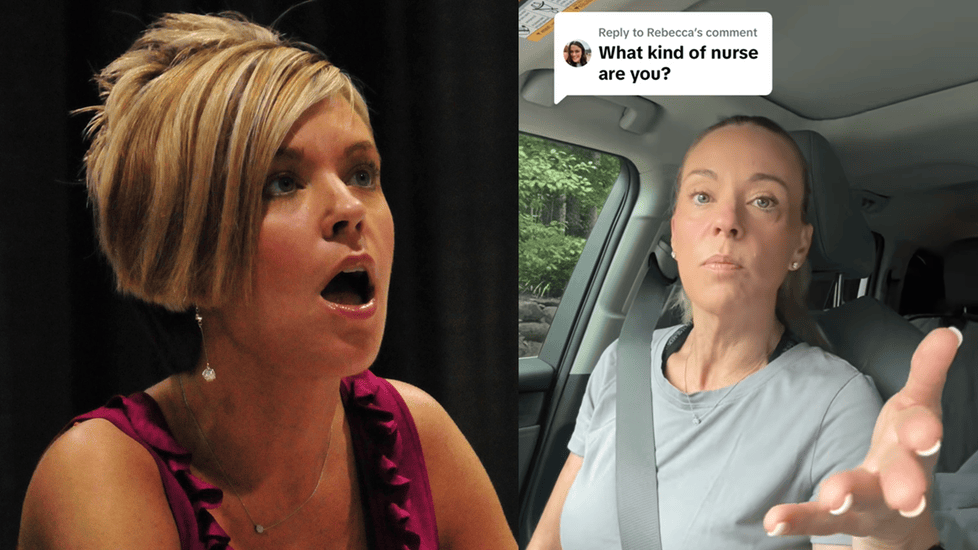 Side-by-side images of Kate Gosselin—left from her Jon & Kate Plus 8 TV days with a bob haircut, right in 2025 wearing scrubs and sharing about her pediatric nursing work.