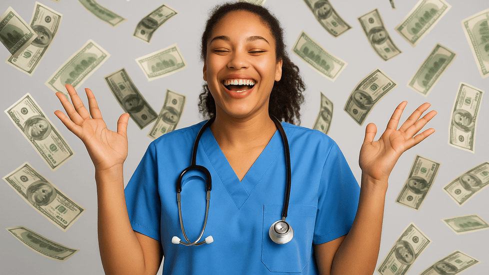 Smiling nurse in blue scrubs with a stethoscope, joyfully raising her hands as dollar bills float through the air around her against a light gray background.