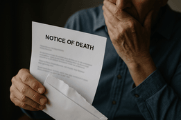 Person in a blue shirt holding a letter labeled 'Notice of Death,' looking shocked and covering their mouth with one hand.