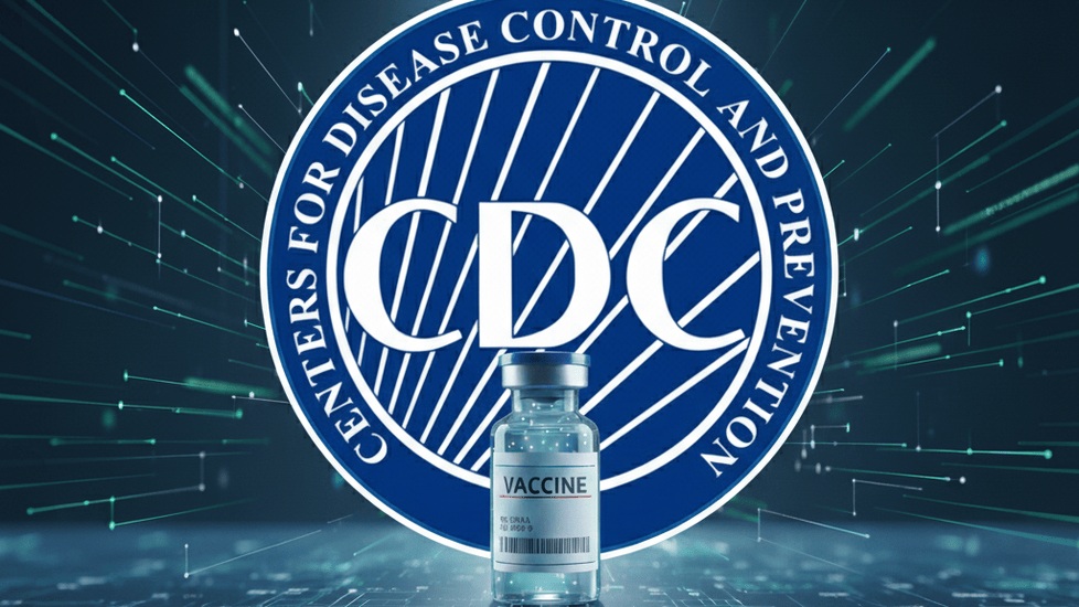 A stylized image featuring a vaccine vial with "VACCINE" on its label, centered against the CDC logo in a dark background of green and blue lines, symbolizing modern science and public health.