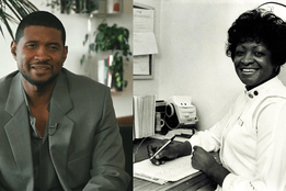 Left: Usher seated in a suit for an interview with Local3News. Right: His grandmother, Ernestine Carter, in a nursing uniform writing at a desk.