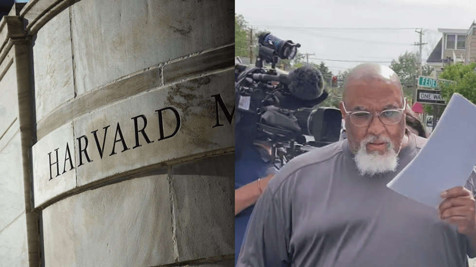 Split image showing the Harvard Medical School building on the left, and Cedric Lodge, the former morgue manager accused of trafficking human remains surrounded by reporters