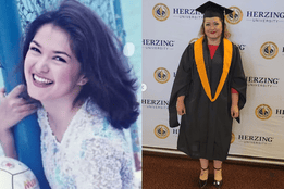 Side-by-side images of Kim delos Santos—on the left, a smiling young Kim during her acting career in the Philippines; on the right, Kim in her nursing graduation gown.