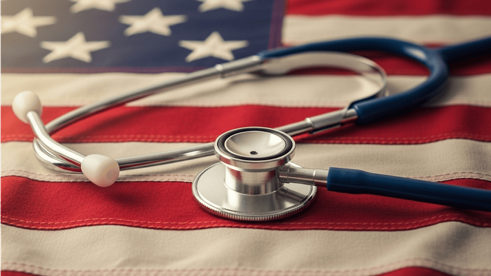Stethoscope on an American flag, with a warm light from the left.
