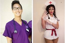 Side-by-side images showing Mandy Mango out of drag wearing purple medical scrubs with a stethoscope, and in drag wearing a white nurse-inspired outfit with dramatic makeup and a nurse cap.