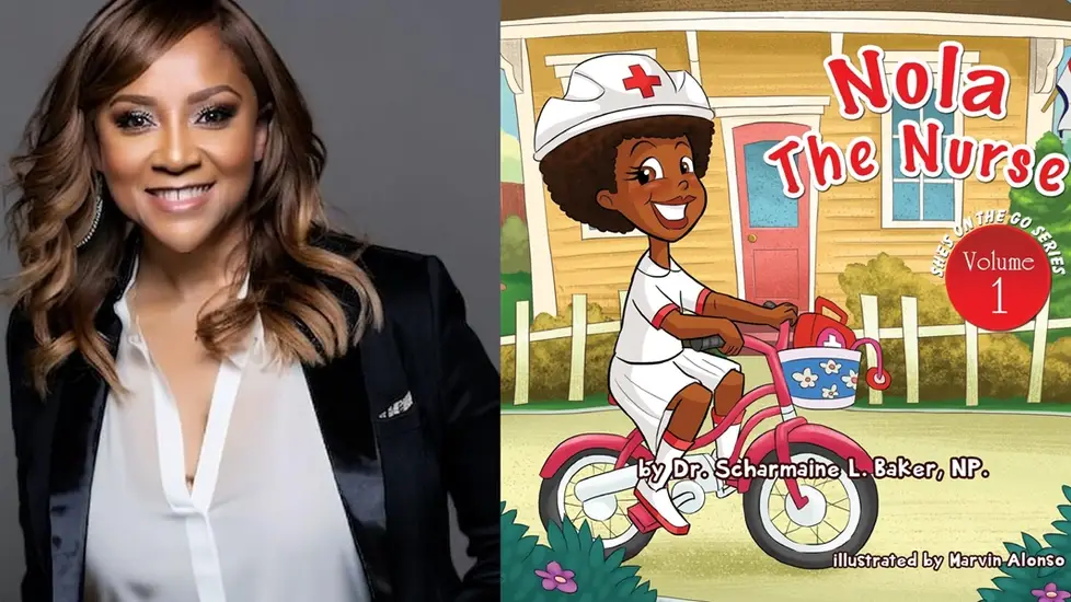 Cover of the children’s book “Nola The Nurse” authored by Scharmaine Baker, illustrating a cartoon nurse riding a bicycle in front of a house, alongside a picture of the author.