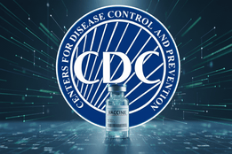 A stylized image featuring a vaccine vial with "VACCINE" on its label, centered against the CDC logo in a dark background of green and blue lines, symbolizing modern science and public health.