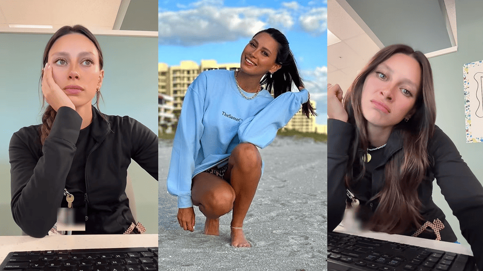 Photo collage of former Siesta Key cast member Cara Geswelli — at work in scrubs looking pensive, smiling on a beach in a blue sweatshirt, and leaning over a desk at her nursing job.
