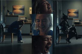 Florence Pugh as a nurse in Yungblud’s “Zombie” music video, shown in emotional highs and lows, sitting exhausted in scrubs and later with Yungblud playing guitar in a hospital corridor.