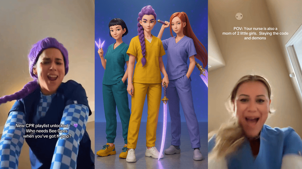 Three photos show nurses in scrubs: two real nurses dancing and doing the CPR challenge, and one animated trio styled nurses as K-pop demon hunters with glowing weapons.