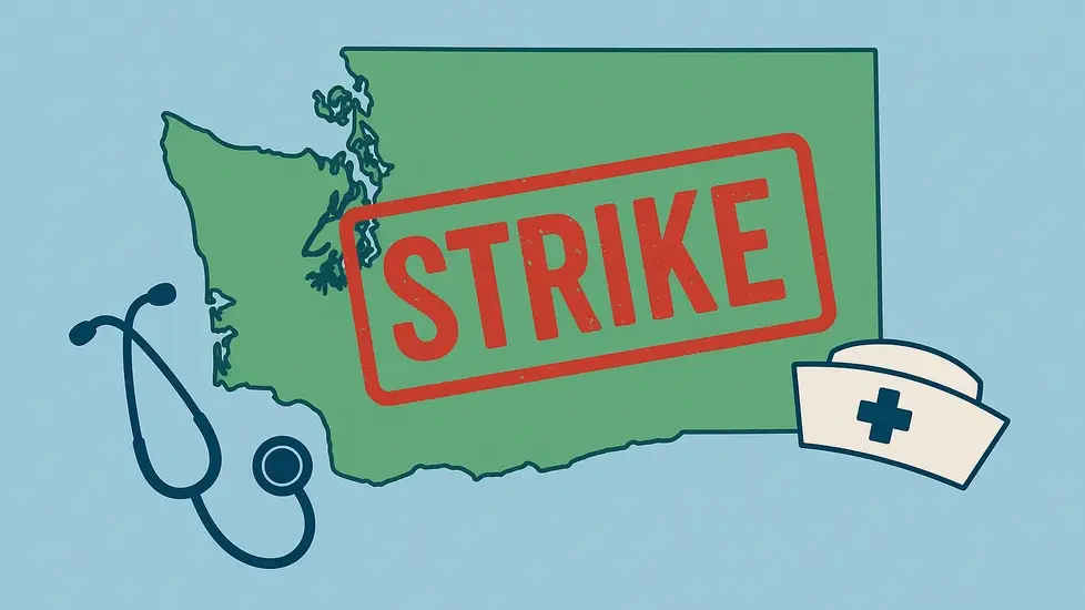 Illustration of Washington State in green with a large red 'STRIKE' stamp across it, accompanied by a dark blue stethoscope and a nurse’s cap icon on a light blue background.