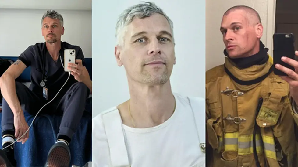 Ned Brower shown in three side-by-side photos—wearing ER scrubs during a mirror selfie, a neutral portrait in a white shirt, and firefighter turnout gear—reflecting his varied career background.