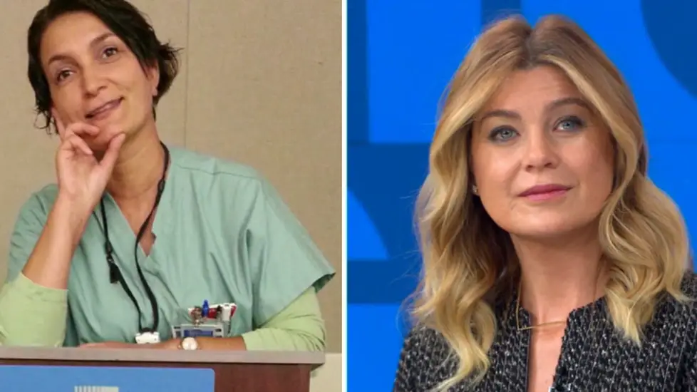 Laura Tiu, former Grey’s Anatomy background nurse and now a real-life trauma nurse, pictured in scrubs next to Ellen Pompeo, star of Grey’s Anatomy.