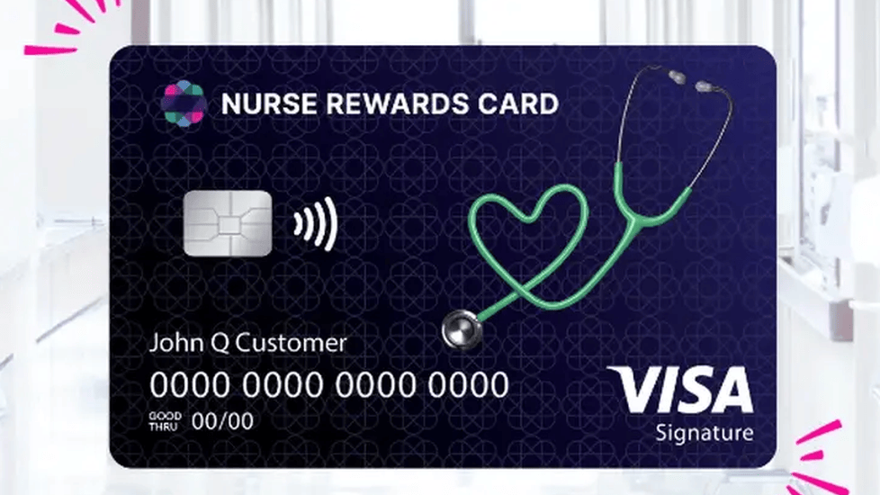 A Nurse Rewards Visa card with a stethoscope forming a heart, set against a hospital hallway background.