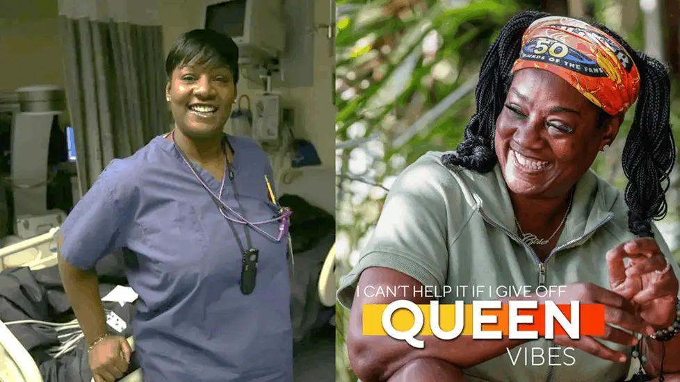 Split image of Cirie Fields smiling in hospital scrubs as a nurse on the left and wearing a Survivor 50 buff while competing on Survivor on the right with text reading “Queen Vibes.”