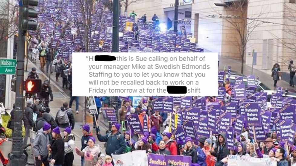 Group of protesters with text bubble overhead