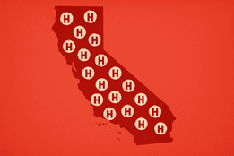 Red map of California with white hospital icons showing financially distressed hospitals across the state.
