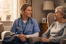Horizontal image of a nurse practitioner providing compassionate care to an elderly woman in her home, captured with a natural, candid style.