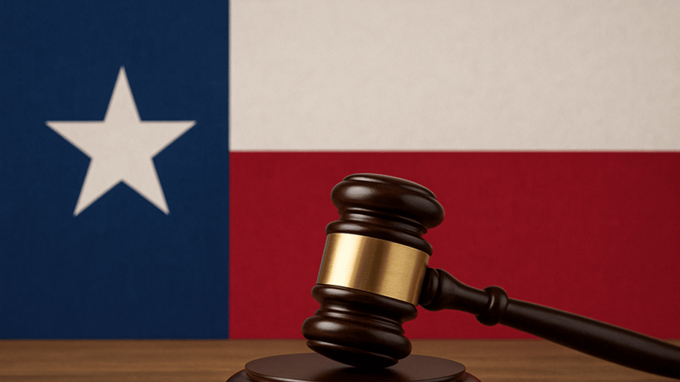 A wooden judge’s gavel with a gold band rests on a sound block in the foreground, set against the backdrop of the Texas state flag with its blue, white, and red sections and a prominent white star.