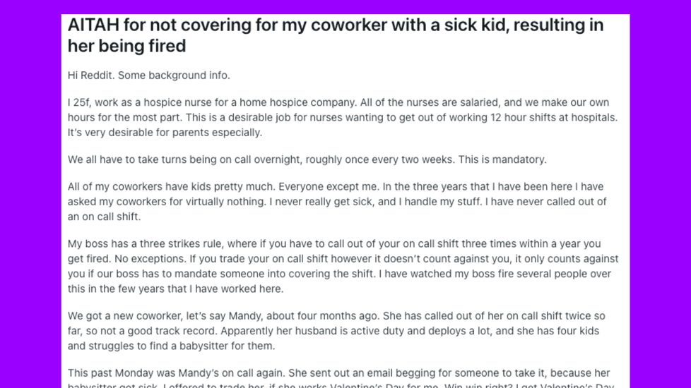 "AITAH for not covering for my coworker with a sick kid?"- GenZ Nurse's Reddit Goes Viral