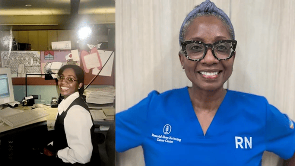 Side-by-side photos of Jocelyn Brooks: on the left, working at her finance job before 9/11; on the right, smiling in blue scrubs at Memorial Sloan Kettering Cancer Center.