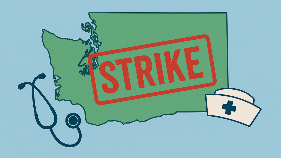 Illustration of Washington State in green with a large red 'STRIKE' stamp across it, accompanied by a dark blue stethoscope and a nurse’s cap icon on a light blue background.