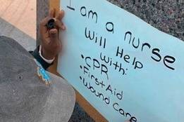 Sign stating nurse can help with cpr, first aid, and wound care