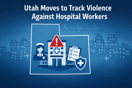 Graphic of the state of Utah with hospital, nurse, and incident report icons highlighting a new law aimed at tracking violence against hospital workers.