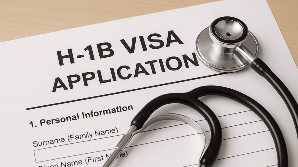 Stethoscope placed on an H-1B visa application form, symbolizing healthcare and immigration policy.