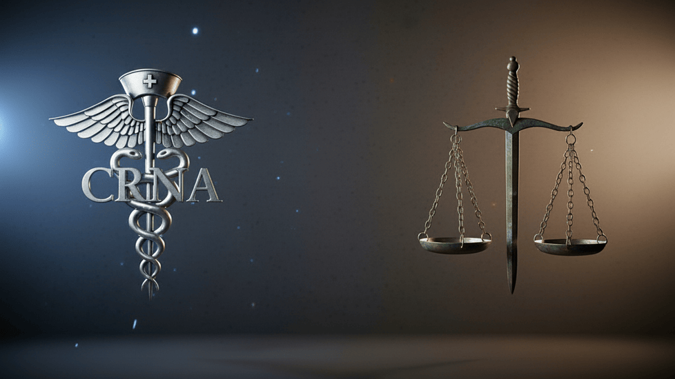 CRNA caduceus and scales of justice, balanced on a dark background.
