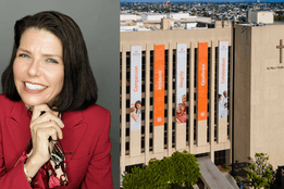 Nancy Valla, former CNO, smiles in a professional headshot; beside her is the exterior of St. Mary Medical Center, with banners displaying the hospital’s core values: 'Compassion' & 'Integrity'