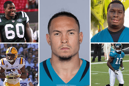 Collage of five former NFL players who became nurses, shown in football uniforms and nursing scrubs.