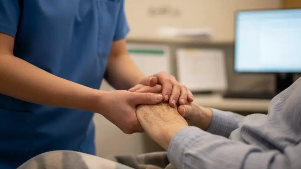 A nurse in blue scrubs gently holds the hand of an elderly patient, conveying compassion in a long-term care setting. Their faces are not visible.