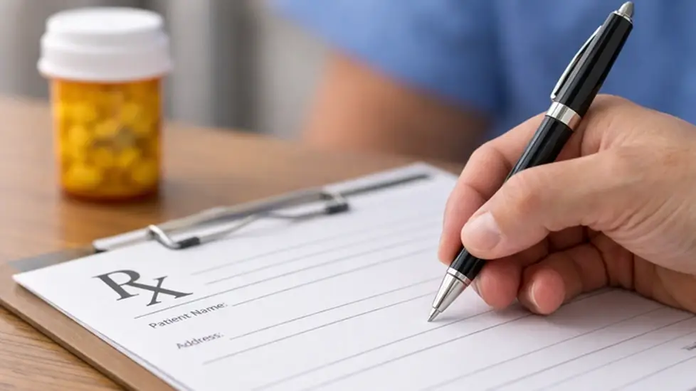 Close-up of a healthcare professional writing on a prescription pad with an amber pill bottle blurred in the background.