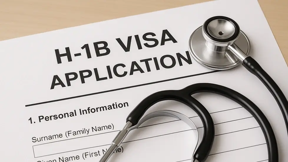 Stethoscope placed on an H-1B visa application form, symbolizing healthcare and immigration policy.