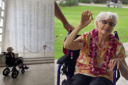 Alice Beck Darrow, 106-year-old WWII Navy nurse, visits the USS Arizona Memorial at Pearl Harbor in her wheelchair and smiles while holding up the bullet once lodged in her husband’s heart.
