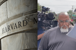 Split image showing the Harvard Medical School building on the left, and Cedric Lodge, the former morgue manager accused of trafficking human remains surrounded by reporters