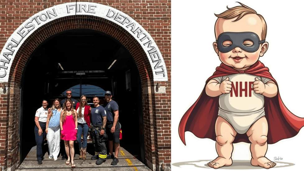 Group of first responders and NeoHERO Foundation members at Charleston Fire Department entrance; superhero baby mascot in cape with NHF text.