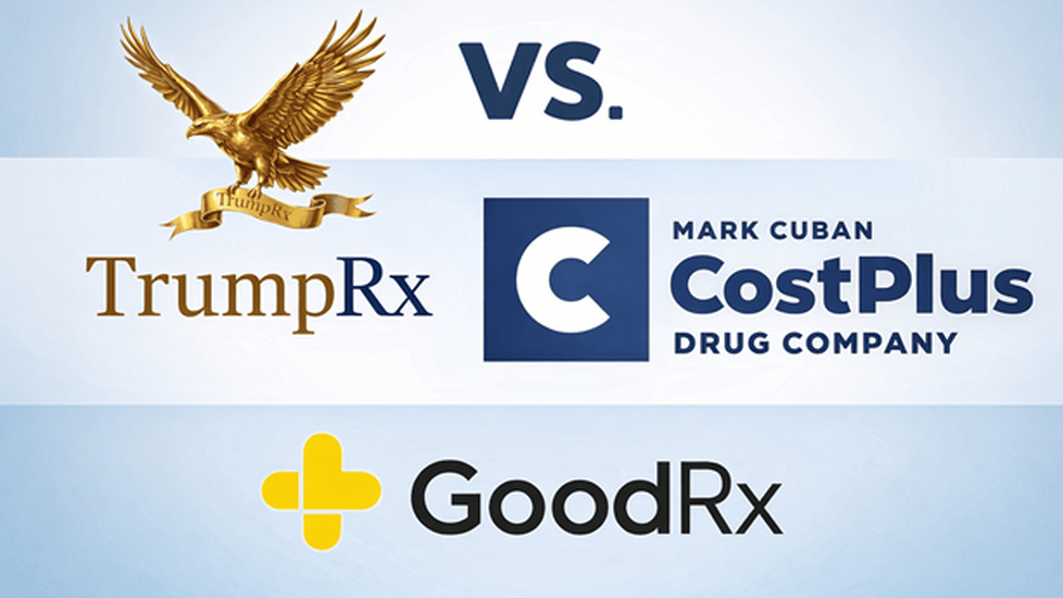 Logos of TrumpRx, Mark Cuban’s Cost Plus Drug Company, and GoodRx displayed in a side-by-side comparison graphic.